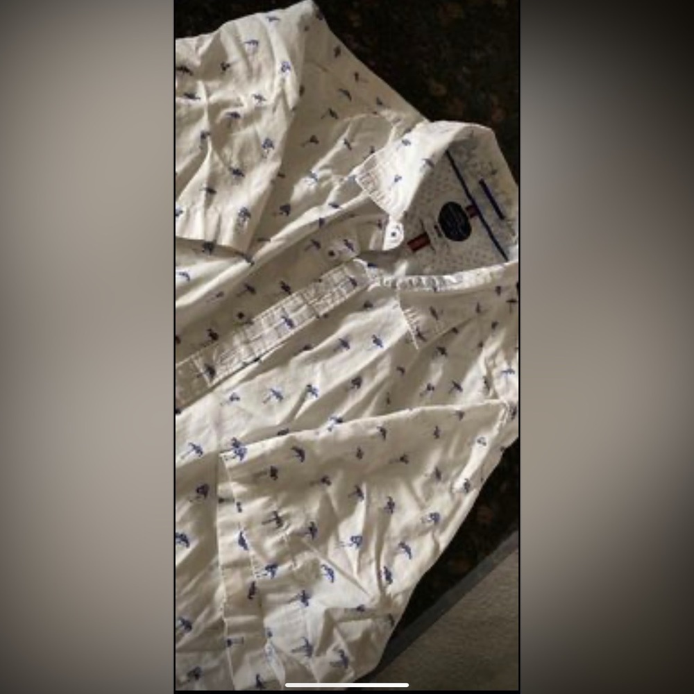 Men’s Denim & Flower Ricky Singh short sleeve flamingo button down shirt Large